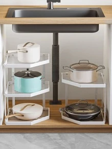 1pc Pot Organizer Rack Kitchen Storage Shelf Cookware Stand Corner Layered Pan Rack - Black - View 2