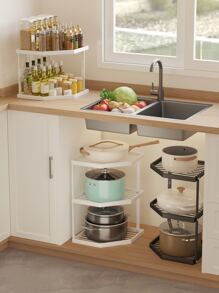 1pc Pot Organizer Rack Kitchen Storage Shelf Cookware Stand Corner Layered Pan Rack - Black - View 7