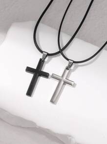 2pcs Couple Style Cross Pendant Necklace, Best Friends & Siblings & Lovers Memorial Cross Necklace - Black - View 1