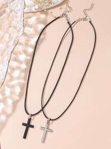 2pcs Couple Style Cross Pendant Necklace, Best Friends & Siblings & Lovers Memorial Cross Necklace - Black - View 5