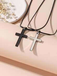 2pcs Couple Style Cross Pendant Necklace, Best Friends & Siblings & Lovers Memorial Cross Necklace - Black - View 2