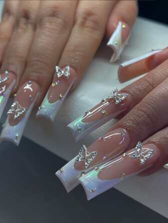 24pcs Y2K Aesthetic Long Square Aurora Butterfly Rhinestone Decor Fake Nail & 1sheet Tape & 1pc Nail File Press On Nails Nail Supplies