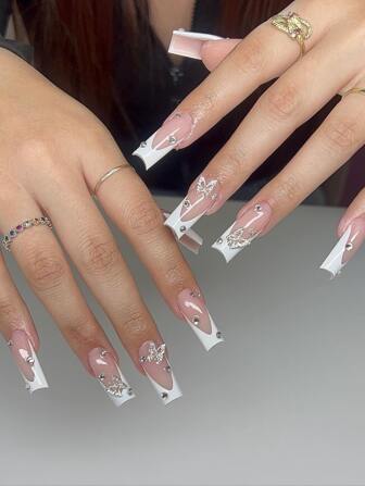 改變您的指甲 24入組/套黑色法式尖壓指甲，長棺材水鑽和蝴蝶圖案全覆蓋假指甲適合女士和女孩