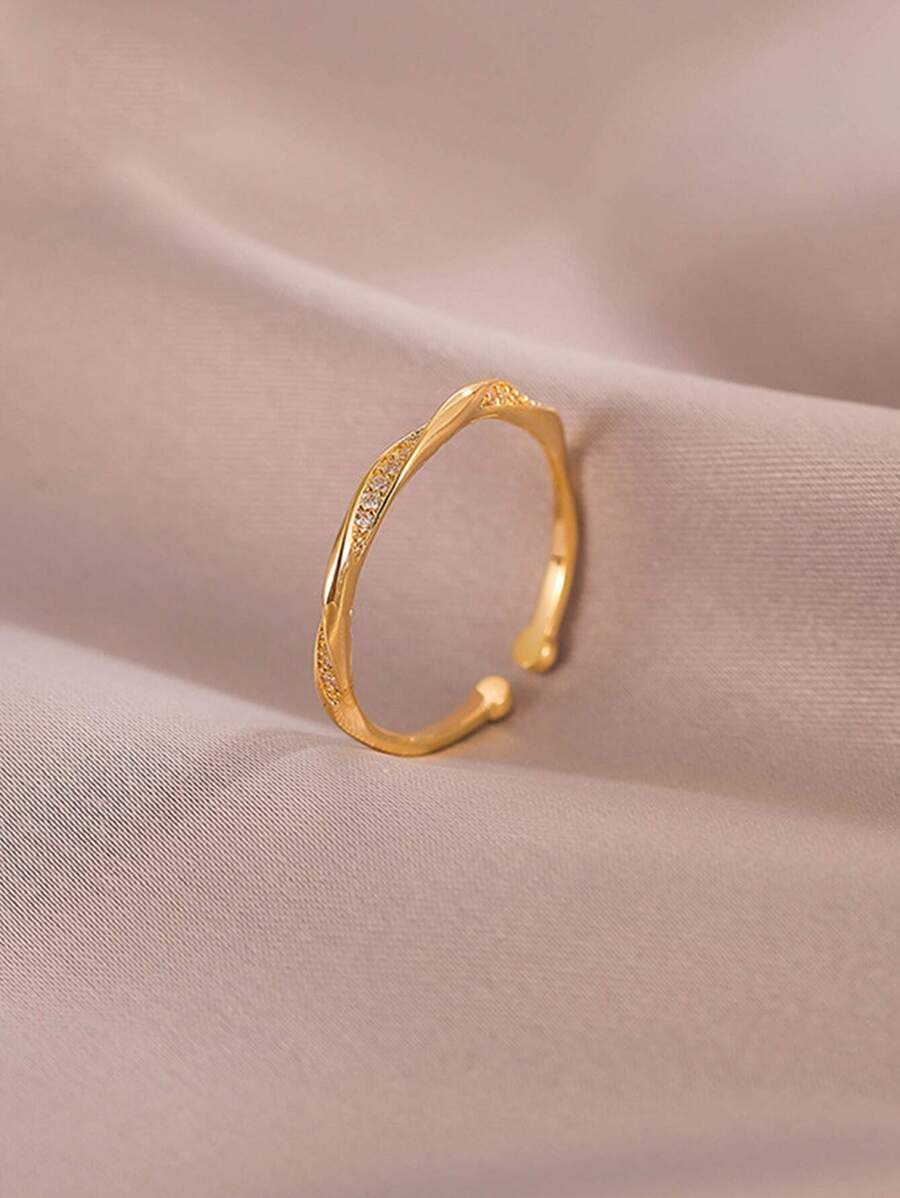 1單層素色圓形微鋪氧化鋯可調開口圓環 - 金黃色 - 查看 1