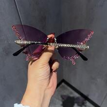 1 件女士奢华手工水钻装饰超大蝴蝶风格时尚眼镜，适合夏季海滩度假、户外、旅行 - 紫色 - 查看 3