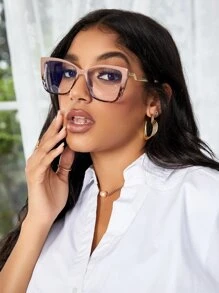 1 par de gafas con montura de plástico y lentes planos con diseño de ojo de gato en estilo patchwork, adecuadas para computadora, juegos, TV, teléfono inteligente, con lentes transparentes para protección ocular, accesorios de gafas transparentes, adecuadas para mujeres - Rosa - Ver 3