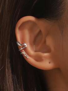 1pc Snake Shaped Double Layer Ear Cuff, Fashionable Minimalist Earring - Antique Silver - View 3