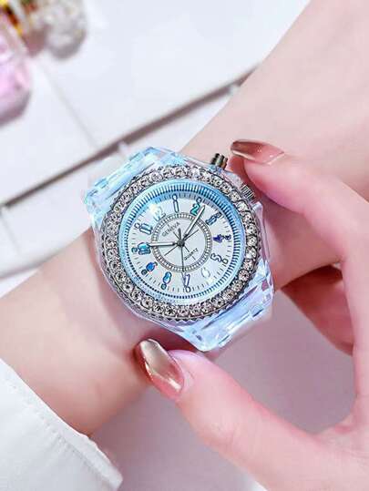 Women's Rhinestone Decor Watch With Led Colorful Light, Casual Autumn Wristwatch