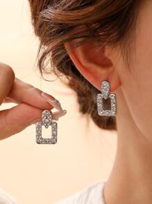 Andkiss 1pair Square Cz Stone Inlaid Earrings - Silver - View 1