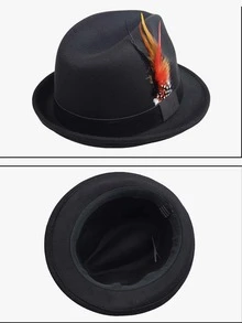 1pc Men's Wool Fedora Hat With Feather Decoration, Perfect For Weddings, Festivals, And Other Occasions, Sun Protection, Fashionable And Romantic, Suitable For English Vintage Jazz Style Gentlemen. - Black - View 6