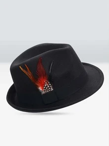1pc Men's Wool Fedora Hat With Feather Decoration, Perfect For Weddings, Festivals, And Other Occasions, Sun Protection, Fashionable And Romantic, Suitable For English Vintage Jazz Style Gentlemen. - Black - View 2