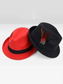 1pc Men's Wool Fedora Hat With Feather Decoration, Perfect For Weddings, Festivals, And Other Occasions, Sun Protection, Fashionable And Romantic, Suitable For English Vintage Jazz Style Gentlemen. - Black - View 8