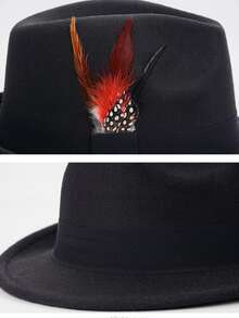 1pc Men's Wool Fedora Hat With Feather Decoration, Perfect For Weddings, Festivals, And Other Occasions, Sun Protection, Fashionable And Romantic, Suitable For English Vintage Jazz Style Gentlemen. - Black - View 7