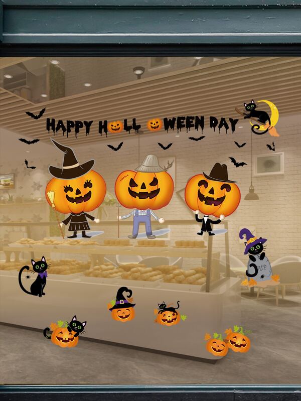 1pc Halloween Pumpkin Face Sticker, Double-sided Removable Glass Sticker For Window, Creative Wall Decal