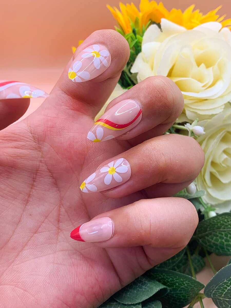 1 caja Uñas de colores con diseño floral medio de punta prensado - Multicolor - Ver 1