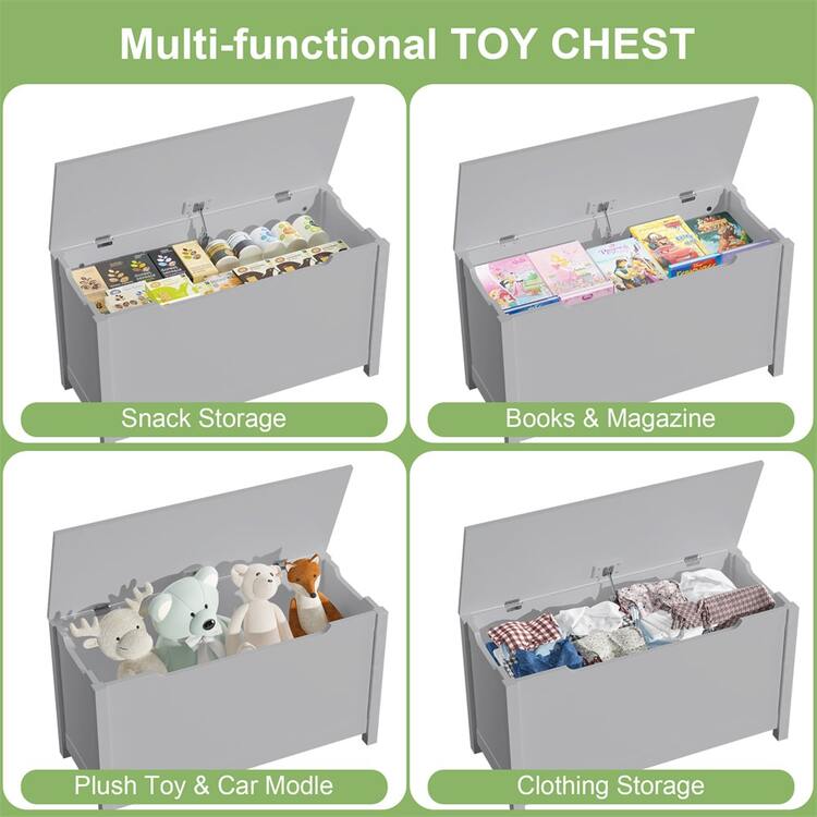 Kids Wooden Toy Box Storage With Safety Hinged Lid For Ages 3+ (Gray) - Xám - Xem 2