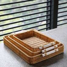 Decorative Wicker Imitation Tray (Basket) Made Of PP Plastic For Table Measuring, With Wooden Handle Rectangular 34 X 24 X4.5 Cm/40x30x4.5cm - Rust Brown - View 1