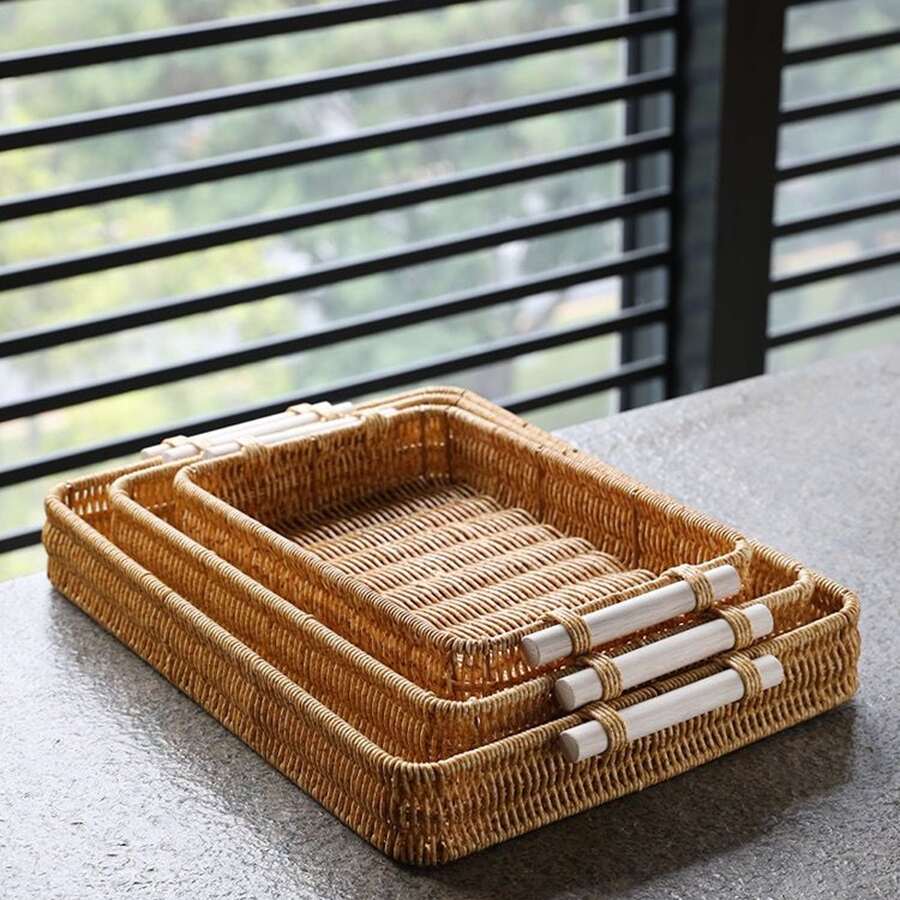 Decorative Wicker Imitation Tray (Basket) Made Of PP Plastic For Table Measuring, With Wooden Handle Rectangular 34 X 24 X4.5 Cm/40x30x4.5cm - Rust Brown - View 1