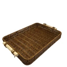 Decorative Wicker Imitation Tray (Basket) Made Of PP Plastic For Table Measuring, With Wooden Handle Rectangular 34 X 24 X4.5 Cm/40x30x4.5cm - Rust Brown - View 2
