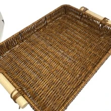 Decorative Wicker Imitation Tray (Basket) Made Of PP Plastic For Table Measuring, With Wooden Handle Rectangular 34 X 24 X4.5 Cm/40x30x4.5cm - Rust Brown - View 3