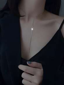 1入組時尚S925銀色Y形字母設計超長吊墜項鍊，展現性感魅力，簡約和個性化風格，短鏈項鍊，適合女士夏季派對 - 銀色 - 查看 6