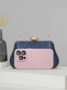 Elegant Navy Blue Rhinestoned Box-Shaped Evening Bag - Navy Blue - View 3