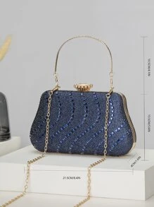 Elegant Navy Blue Rhinestoned Box-Shaped Evening Bag - Navy Blue - View 4