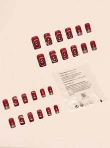 24pcs Long Red With Gold Lines False Nails And 1pc Jelly Gel Included - Multicolor - View 4