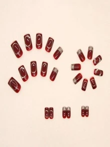 24pcs Long Red With Gold Lines False Nails And 1pc Jelly Gel Included - Multicolor - View 2
