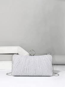 Minimalist Fashion Ring Box Rhinestone Evening Bag Chain Clutch - Silver - View 1