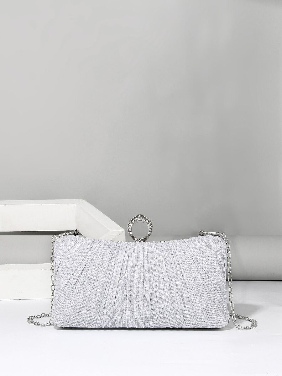 Minimalist Fashion Ring Box Rhinestone Evening Bag Chain Clutch - Silver - View 1