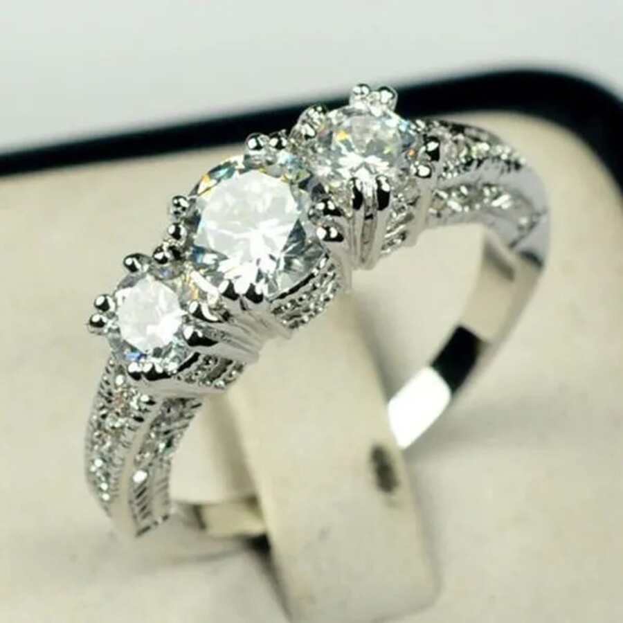 1 Miếng Sang trọng Đúng mốt Khối Zirconia  Ba đá Trắng Nhẫn đính hôn Lễ cưới Qủa tặng Đồ trang sức - Bạc - Xem 1
