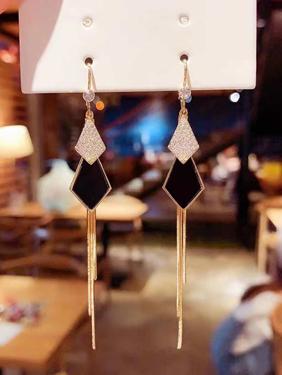 复古时尚水钻流苏吊坠耳环，优雅欧式长款耳环，显脸显瘦 - 黑色 - 查看 1