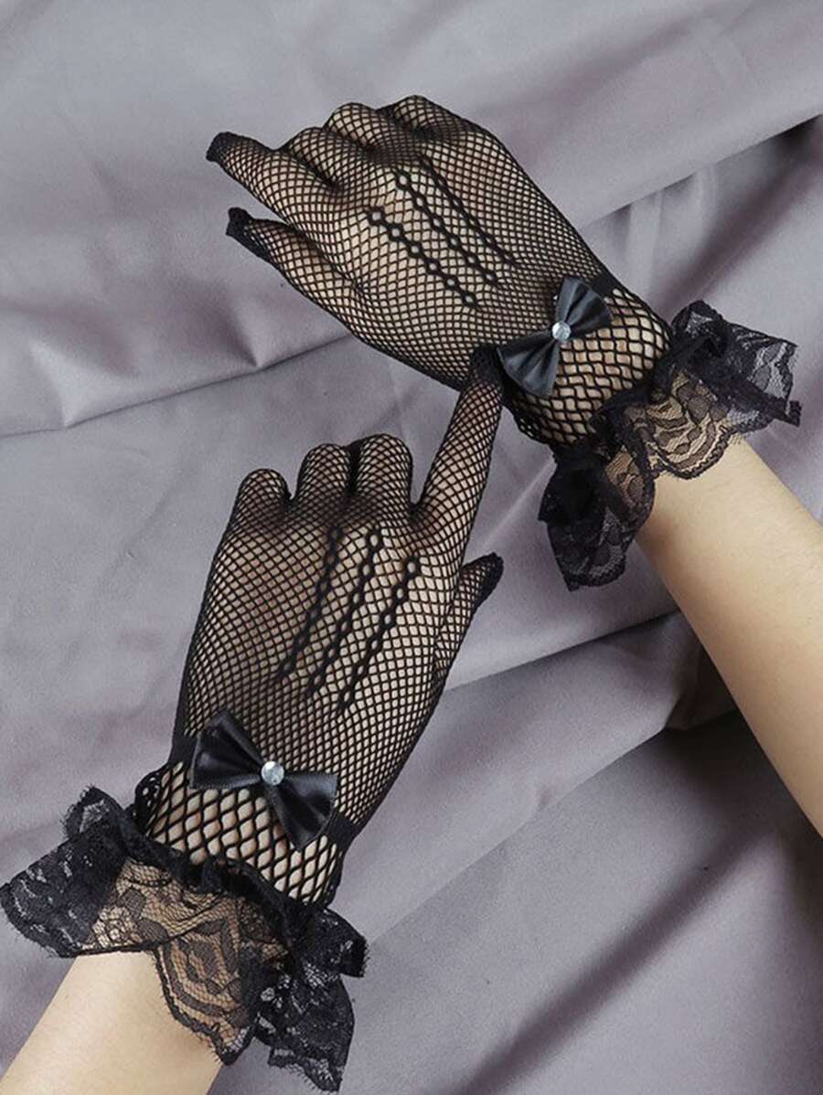 1 đôi Châu Âu & Châu Mỹ Thời trang Lưới Găng tay , Ren & Nút bướm Trang trí Phụ kiện Cho bữa tiệc , Hộp đêm , Hiệu suất - màu đen - Xem 1