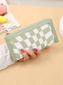 格紋圖案長款錢包適合女士PU皮革手機收納袋長款修身信用卡支架可愛零錢包大容量拉鍊手拿包手提包皮夾適合女孩女士們 - 綠色 - 查看 1