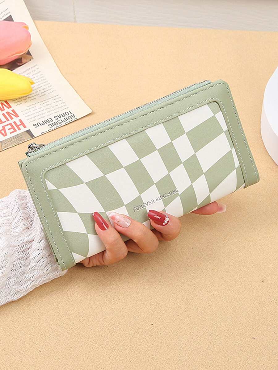 格紋圖案長款錢包適合女士PU皮革手機收納袋長款修身信用卡支架可愛零錢包大容量拉鍊手拿包手提包皮夾適合女孩女士們 - 綠色 - 查看 1