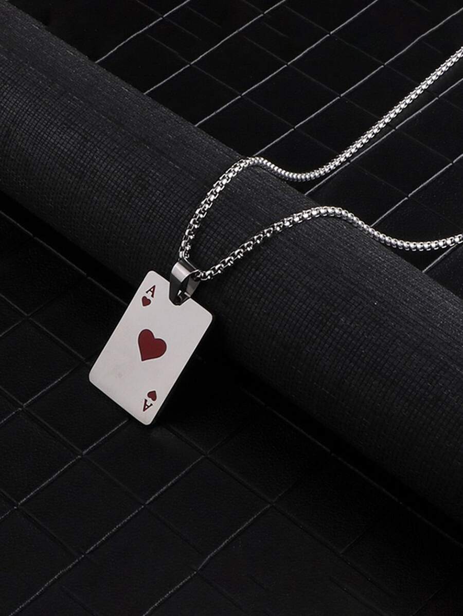 1 pieza Cadena de suéter de acero inoxidable con decoración de cartas de juego de estilo hip hop, que incluye colgante con forma de as de picas y corazón, collar perfecto para parejas en San Valentín