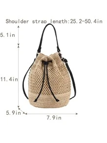 Straw Bag Woven Bucket Bag Women's Drawstring Shoulder Bag For Vacation - Beige - View 6