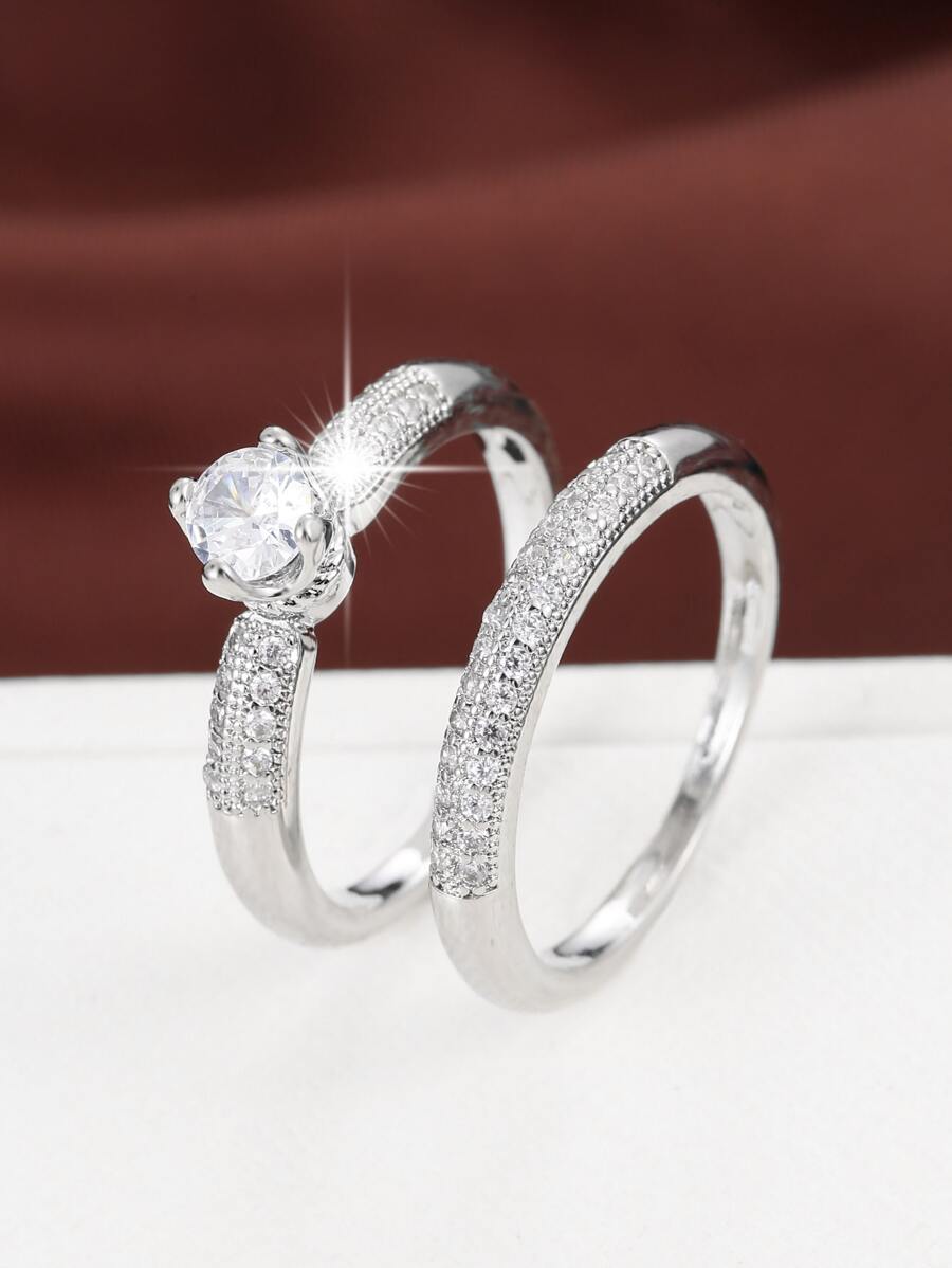 2 Stylish And Elegant Zirconia Couple Elegant Set Rings | SHEIN USA