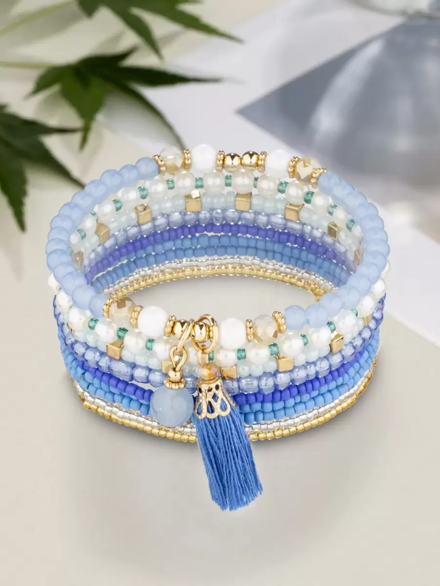 9pcs Bohemian Style Glass Bead Pearl Tassel Crystal Charm Bracelet Set - Multicolor - View 1