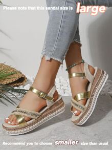 Sandale de vară, cu cusături de in, cu curele încrucișate, pentru femei, ocazional, confortabile, cu toc cu pană, cu tonuri metalice aurii - Aur - Vizualizare 2