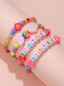 4入組女孩字母細節花朵裝飾可愛串珠手鏈日常裝飾
