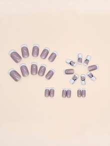 24 piezas corto forma cuadrada con dibujos animados patrón Uñas falsas Set con 1 pieza Lima de uña con 1 pieza gelatina pegamento - Multicolor - Ver 3