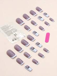 24 piezas corto forma cuadrada con dibujos animados patrón Uñas falsas Set con 1 pieza Lima de uña con 1 pieza gelatina pegamento - Multicolor - Ver 2
