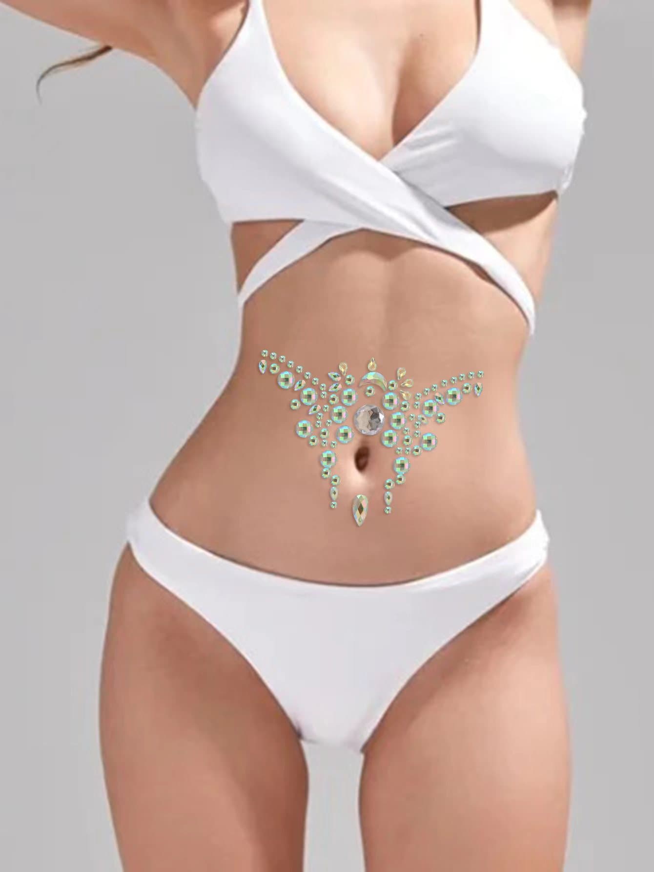 Party Joy 1 Pieza Pegatina De Joyería De Botón De Vientre De Tatuaje Temporal Con Diamantes De Imitación Brillantes Y Gemas De Resina - Multicolor - Ver 1