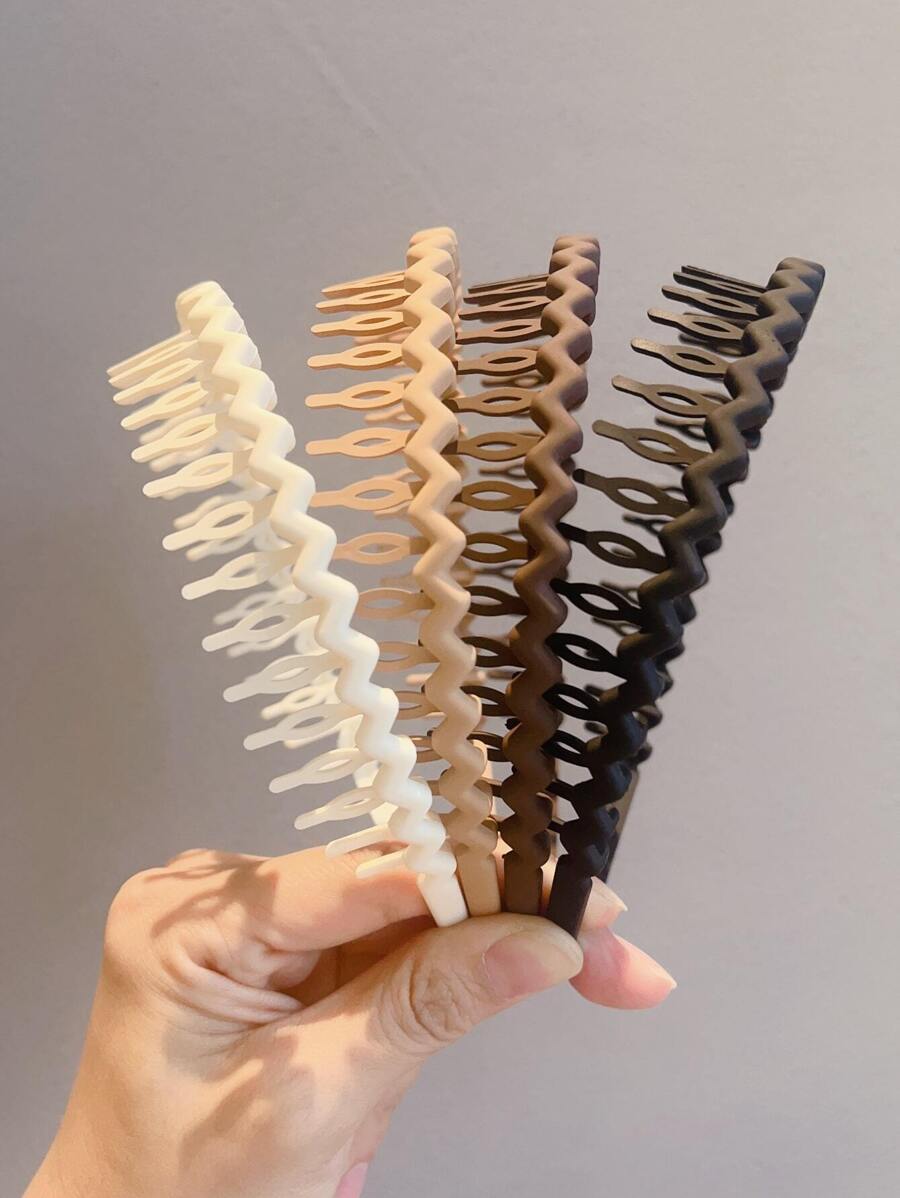 4件装女士纯色防滑休闲发带，适合日常佩戴，包括发箍、发圈、之字形发带等，是发饰和头饰的理想之选。 - 彩色 - 查看 1