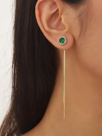 一對方形方晶鋯石綠色長流蘇兩吊帶耳環