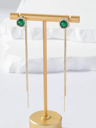 1 Pair of Square cubic zirconia Green Long Tassel Two Strap Earrings