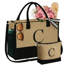 Initial Tote Bag For Women Jute Tote Bag With Makeup Bag Beach Tote Bag With Zipper Adjustable Strap Graduation Birthday Travel Vacation Gifts For Women Girls