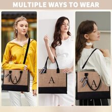 Initial Tote Bag For Women Jute Tote Bag With Makeup Bag Beach Tote Bag With Zipper Adjustable Strap Graduation Birthday Travel Vacation Gifts For Women Girls